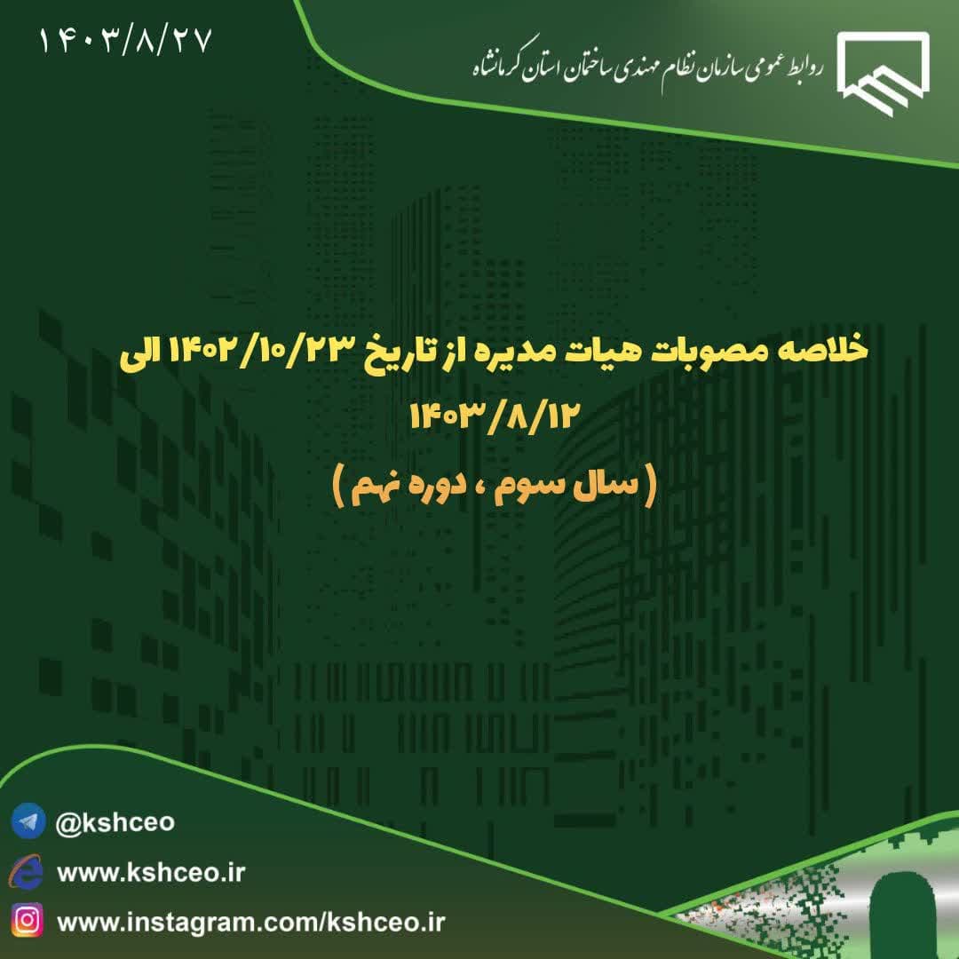 خلاصه مصوبات هیات مدیره از تاریخ ۱۴۰۲/۱۰/۲۳ الی ۱۴۰۳/۸/۱۲