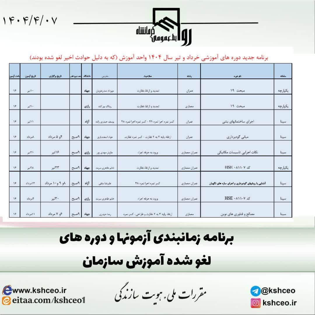 اعلام برنامه زمانبندی دوره ها و آزمونهای لغو شده واحد آموزش سازمان