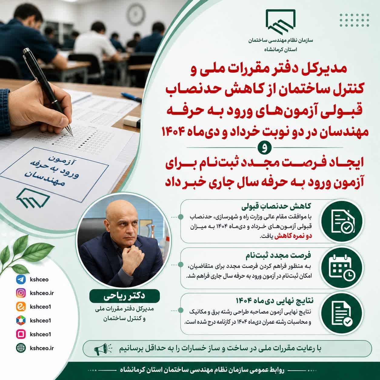 اعلام کاهش حد نصاب قبولی آزمون‌های ۱۴۰۴، نتایج نهایی طراحی/محاسبات دی ۱۴۰۴ و فرصت مجدد ثبت‌نام آزمون‌های ورود به حرفه مهندسان