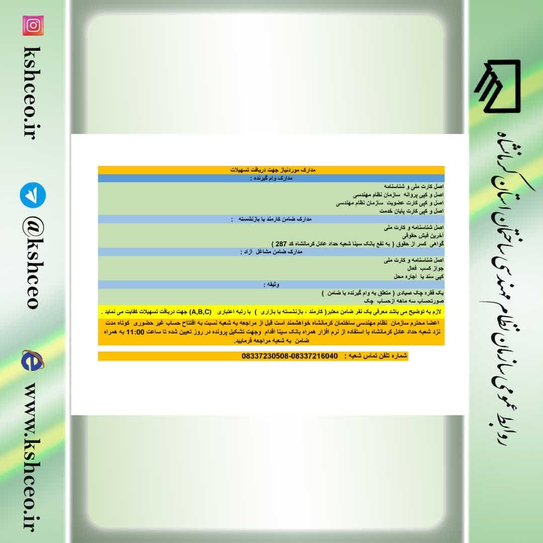 مدارک مورد نیاز و زمان مراجعه اعضای  دارای اولویت وام  بانک سینا ( مختص مهندسین ناظر )  مرداد ماه ۱۴۰۴