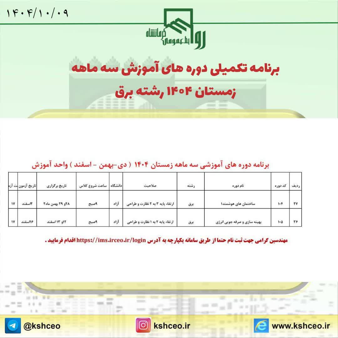 برنامه تکمیلی زمانبندی دوره های آموزشی سازمان زمستان ۱۴۰۴ رشته برق